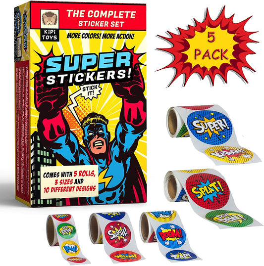 Superhero Stickers 300 Comic Book Sticker Rolls 3 Sizes Fun 5 Pack Gift Box Party Supplies Bundle for Kids Children Adults Office Home Birthday Decorations Party Favors