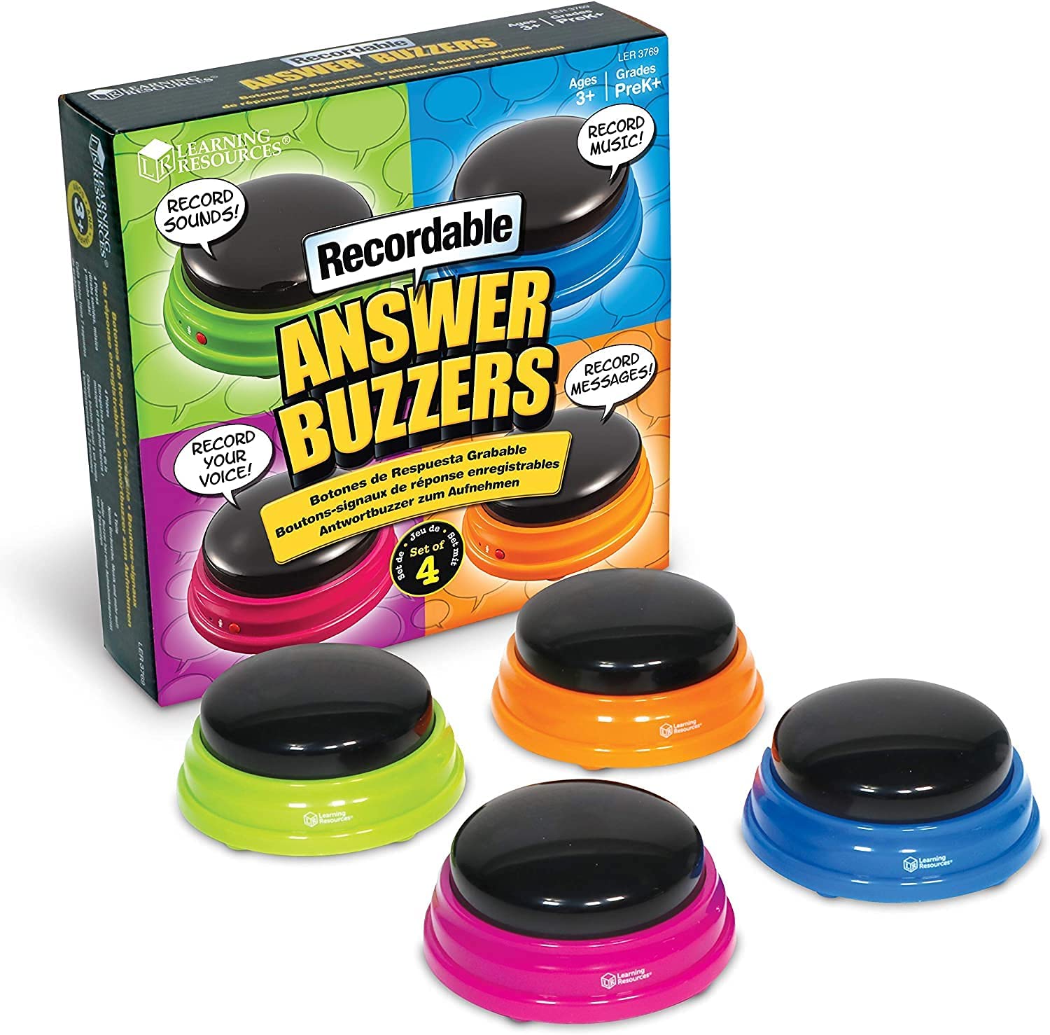 Learning Resources Recordable Answer Buzzers, Personalized Sound Buzzer, Recordable Buttons, Set of 4, Ages 3+