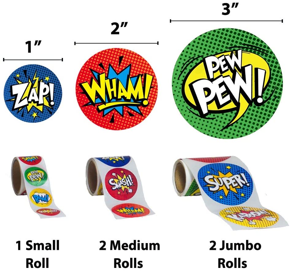 Superhero Stickers 300 Comic Book Sticker Rolls 3 Sizes Fun 5 Pack Gift Box Party Supplies Bundle for Kids Children Adults Office Home Birthday Decorations Party Favors