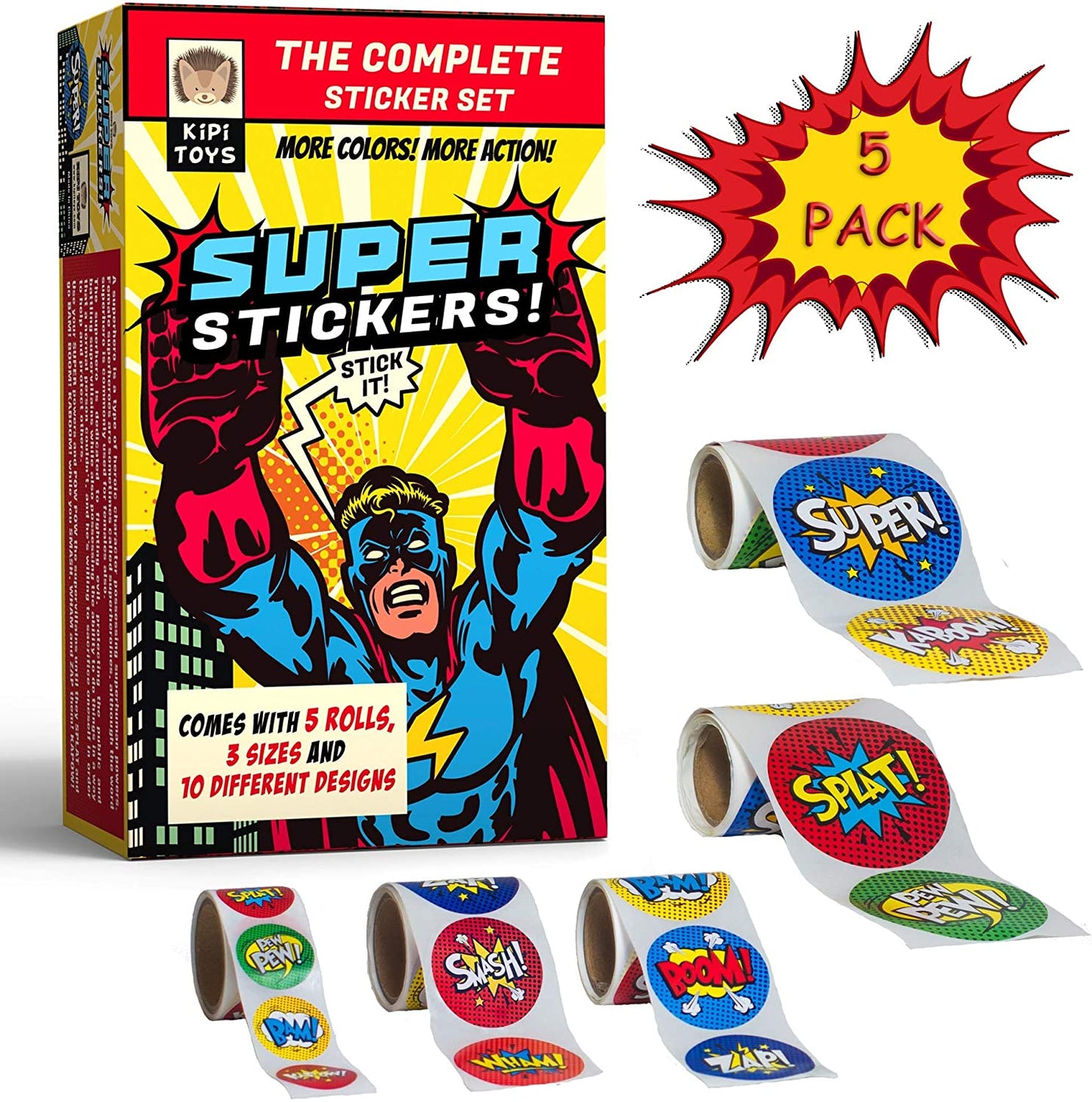 Superhero Stickers 300 Comic Book Sticker Rolls 3 Sizes Fun 5 Pack Gift Box Party Supplies Bundle for Kids Children Adults Office Home Birthday Decorations Party Favors